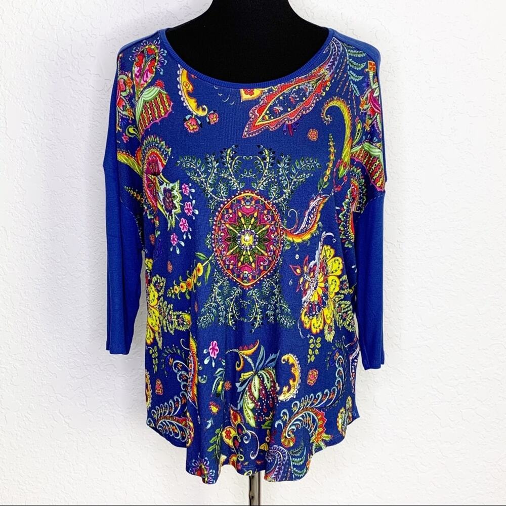 Desigual royal blue floral beaded studded ribbed knit top NWT size Medium